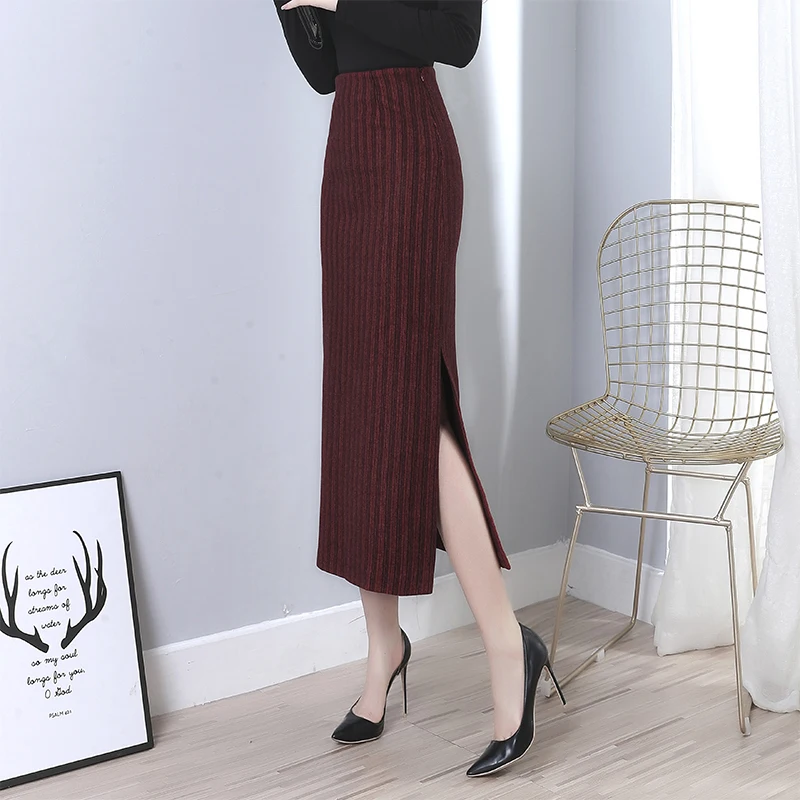 Ретро женские юбки осень зима вертикальные полосы миди юбка для женщин размера плюс XXXXXL 3XL 4XL 5XL длинные юбки с разрезом по бокам