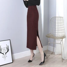 Ретро женские юбки осень зима вертикальные полосы миди юбка для женщин размера плюс XXXXXL 3XL 4XL 5XL длинные юбки с разрезом по бокам