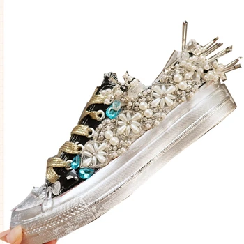 

Luxury Bead Fashion Sneakers Women Pearls Canvas Shoes Custom Bling Rhinestone Vintage Sneaker Ladies Trainers Zapatillas Mujer