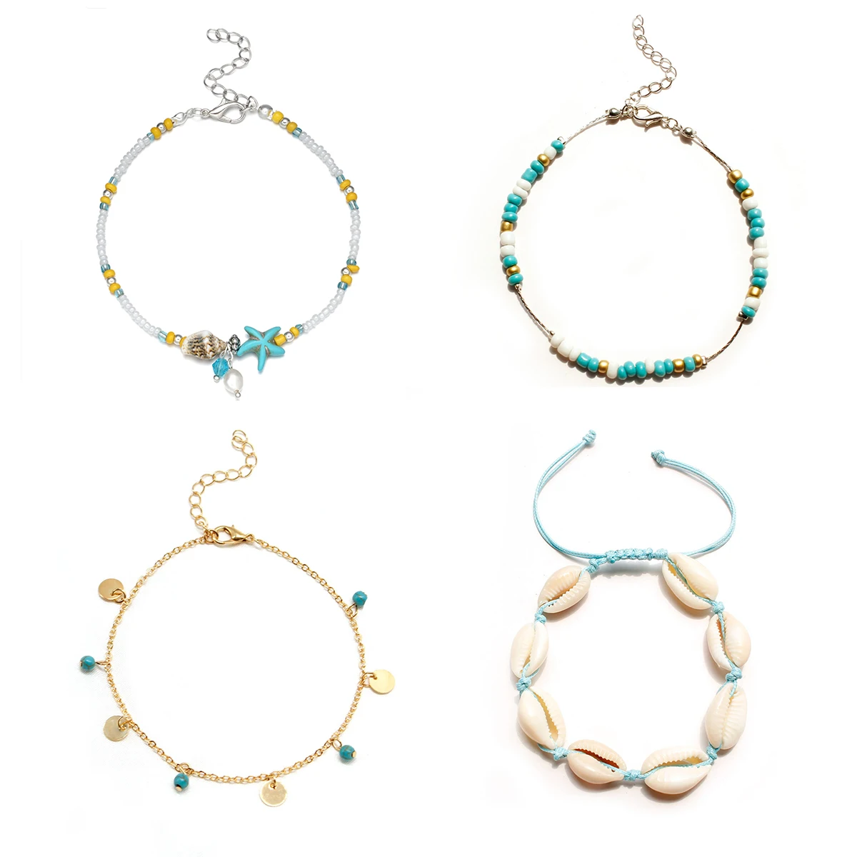 

4 Pcs/ Set Summer Beach Beaded Starfish Shell Anklets Women Fashion Adjustable Foot Chain Ankle Bracelets Accessories