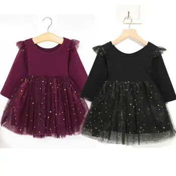 

One Piece Outfits Baby Girls Toddler Tutu Dress Ruffle Long Sleeve Sequins Princess Infant Tulle Sundress Black 12-18M
