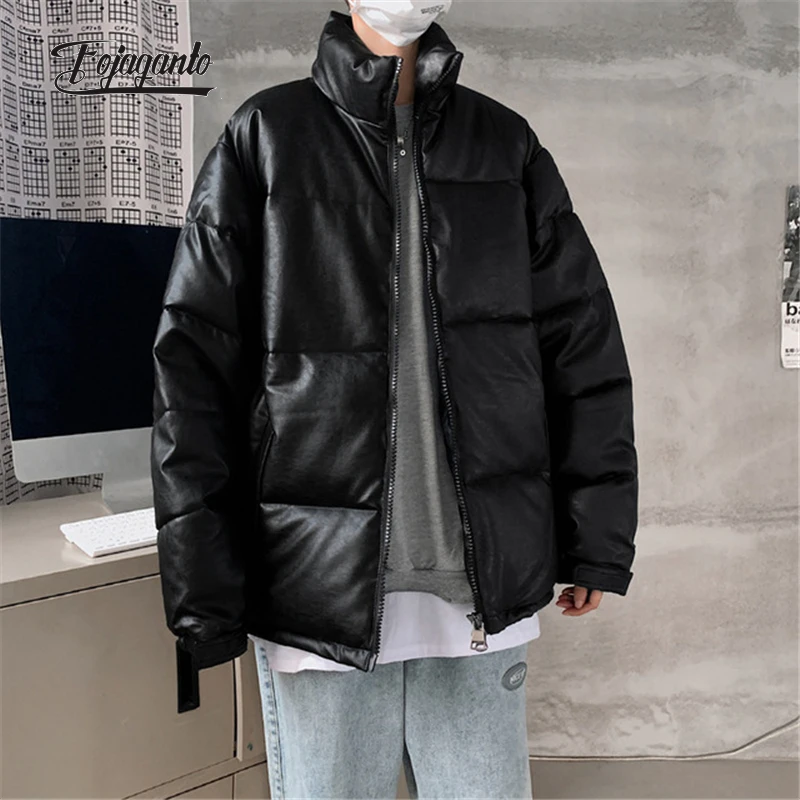 

FOJAGANTO Winter Men's PU Parka Korean Thick Solid Color Cotton-Padded Zipper Jackets Windproof Couple Casual Leather Parka Male