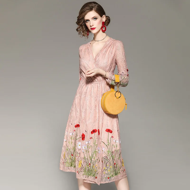 

VERDEJULIAY Runway Lace Dress Women 2020 Autumn Summer New Fashion Luxury V-Neck Floral Embroidery Pink/Blue Long Dress XXL