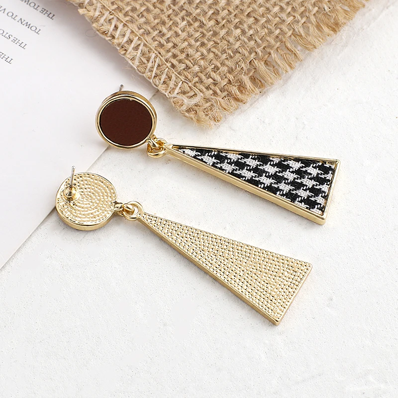 AENSOA Vintage Black White Plaid Cloth Geometric Drop Earrings For Women Alloy Lattice Fabric Statement Earring Trendy Jewelry