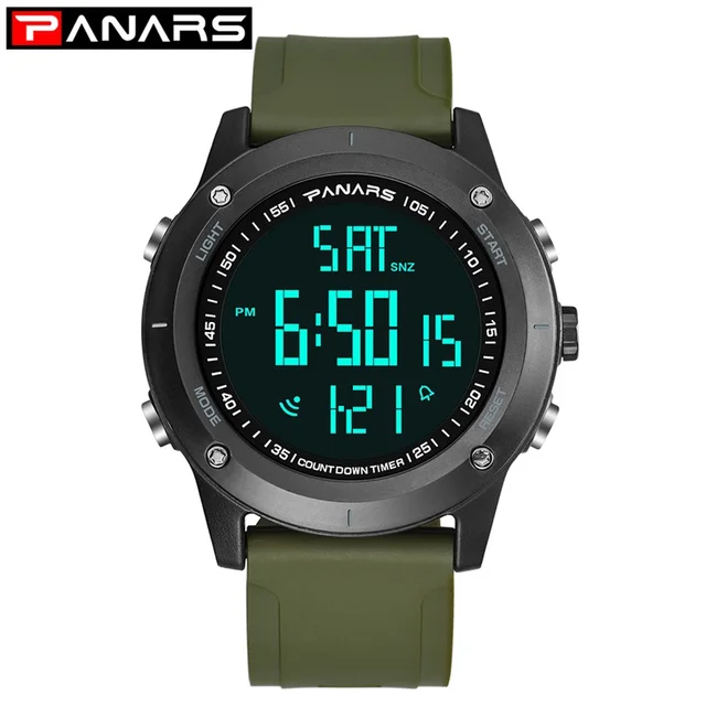 PANARS Mens Digital Watches Men's Sport Watch Dual Time Pedometer Alarm Clock 50M Waterproof Military Multifunction Reloj Hombre 8014 Green