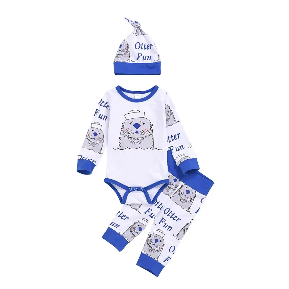 

Baby Boy Kids Casual Clothing Set Cartoon Otter Pattern Romper Tops Pants Hat Cotton Outfits Autumn Winter Long Sleeve Jumpsuit