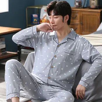 

2 piece suit men's pajamas lapel casual soft home wear simple 2020 spring and autumn new pajamas 100% cotton printed pajamas