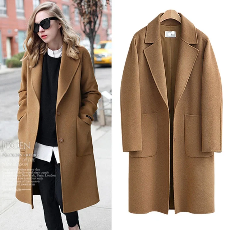 Femme Loose  Mid-length Wool Coat Women Warm Loose Camel Outerwear 2023 New Autumn Winter Big pocket Wool Jacket Female northam camel