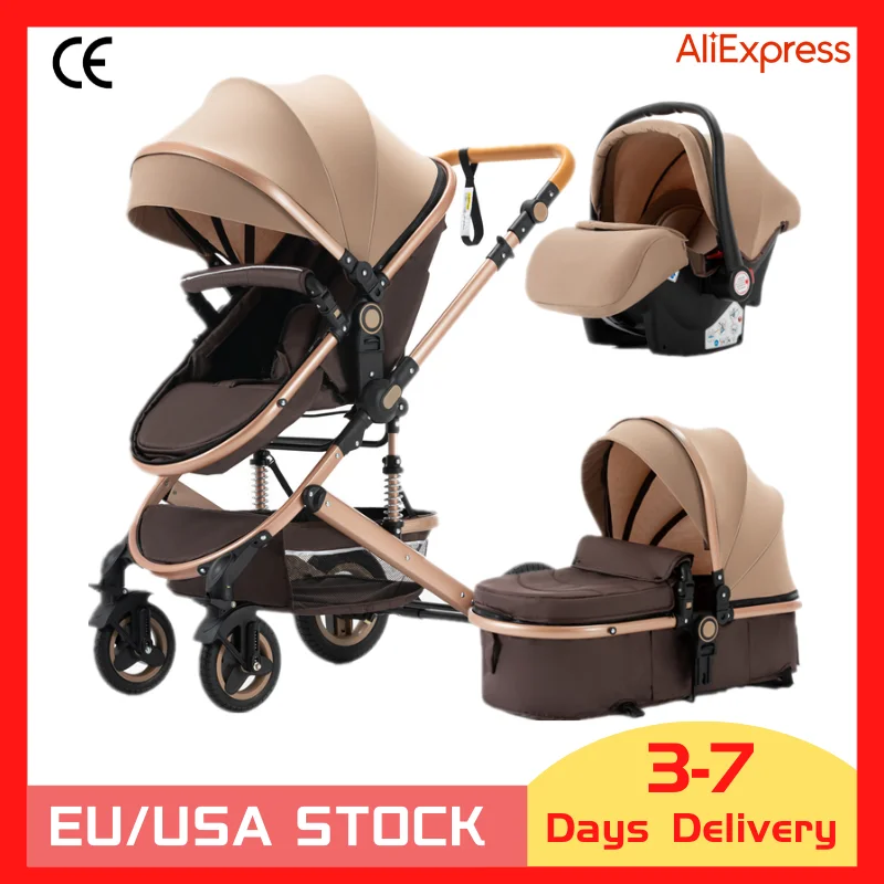 Luxury 3 in 1 Denim Pink Stitched Folding Reclining Baby Stroller Carriage  Set