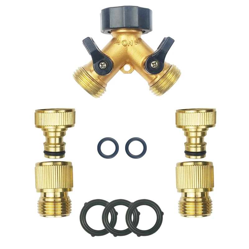 FashionBrass Garden Hose Quick Connect Fittings(2 Male 2 Female)+Brass Hose Y Splitter(2 Way)+5 Extra Washers 3/4 inch