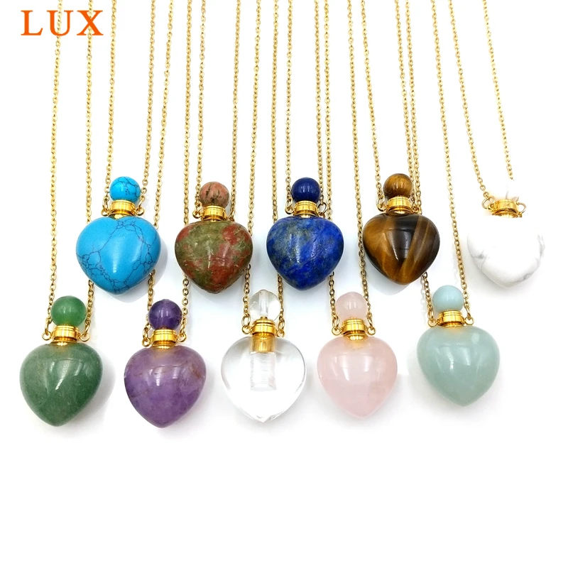 

Natural gems stone perfume bottle necklace Essential Oil Diffuser Pendant lapiz lazuli amethysts heart shape jewelry charm