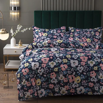 

Navy Blue Bedding set,175x220 Duvet Cover Set With Pillowcase, 200x200 Quilt Cover,Red Flower Pattern King Size Blanket Cover
