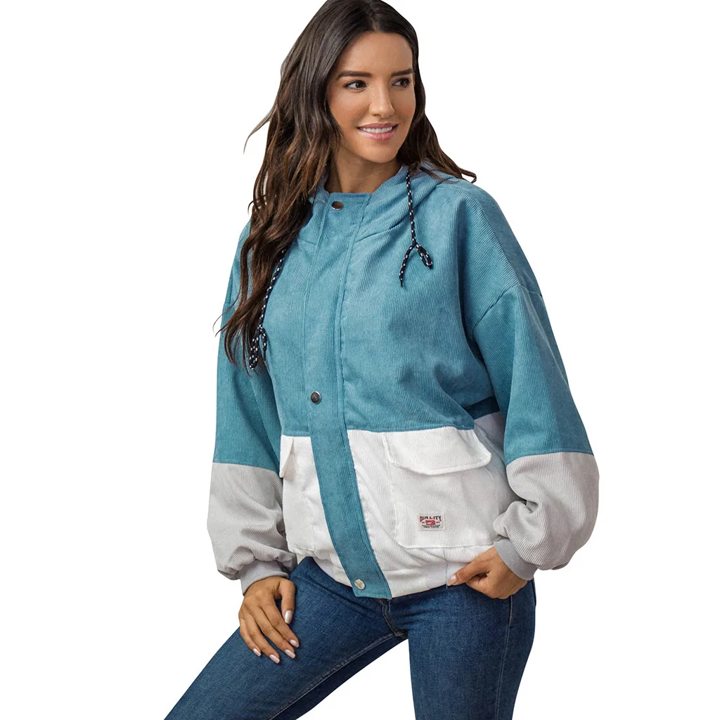 

Outerwear & Coats Jackets Long Sleeve Corduroy Corduroy Patchwork Oversize Zipper Jacket Windbreaker coats and jackets women S11