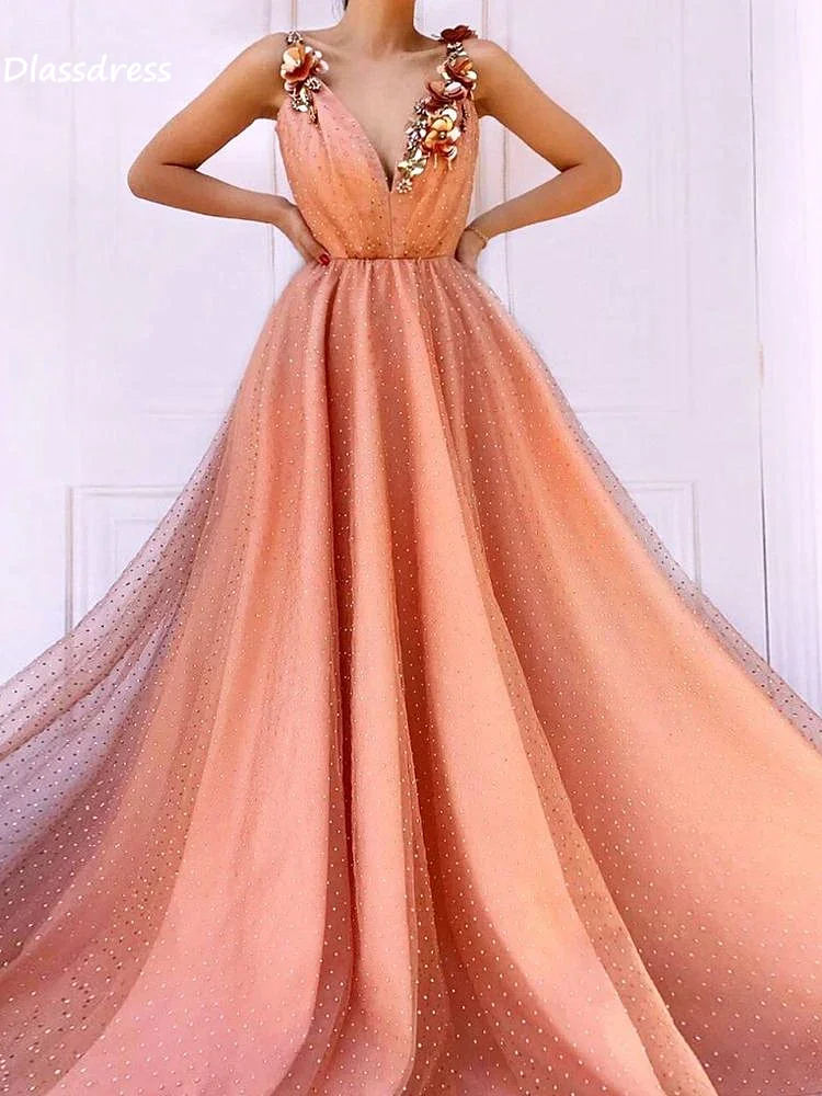 

New Orange Evening Dress A-line Long V-neck Sexy Flowers Sleeveless Spaghetti Strap Floor Length Prom Dress