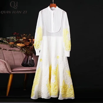 

Qian Han Zi 2020 designer fashion Runway Maxi dress Women's Long Sleeve High Quality Applique embroidery Slim Elegant Long Dress