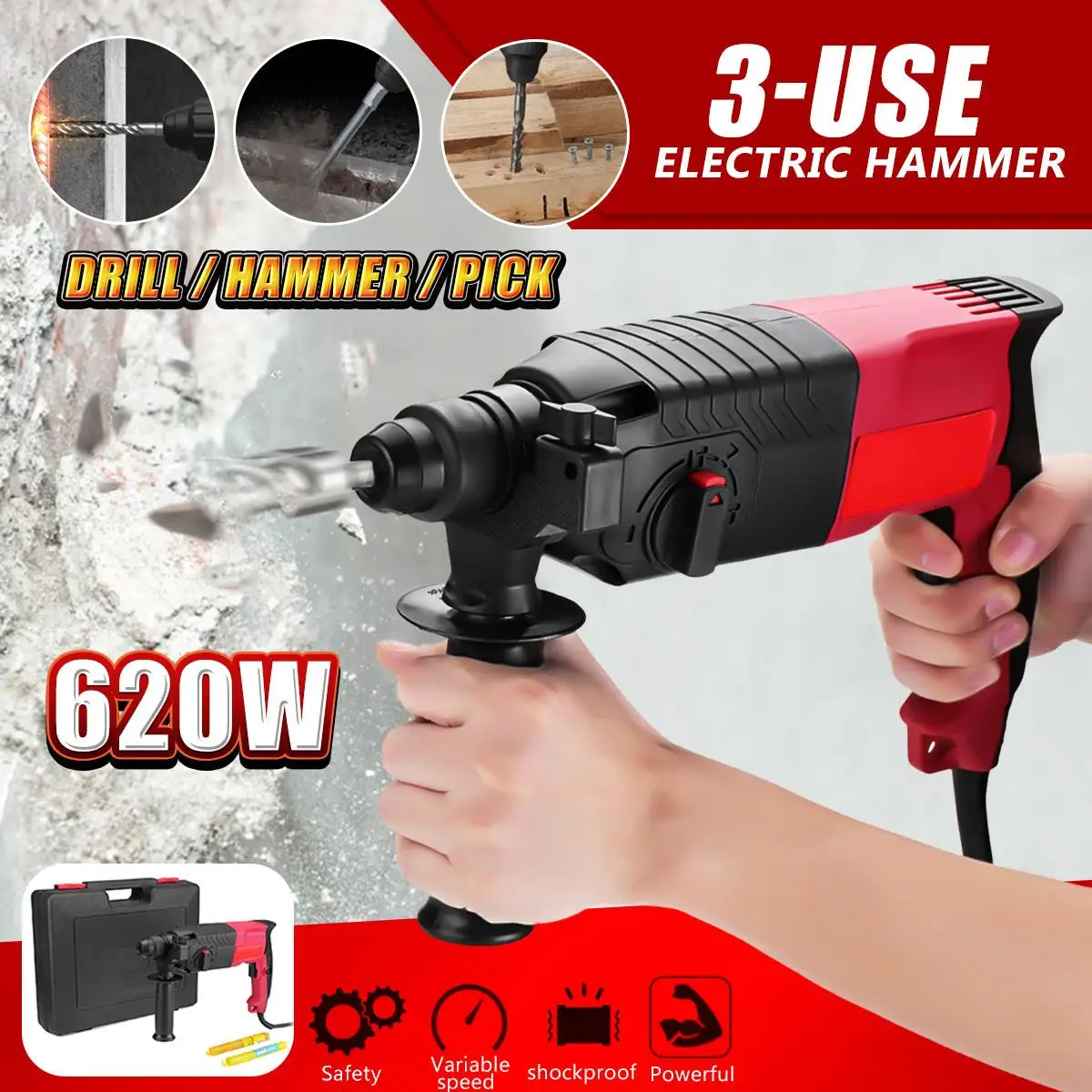 

Doersupp 650W 220V 24mm 3 Function Electric Rotary Hammer Electrodrill Household Cordless Power Electric Impact Drill Pick 2 Bit