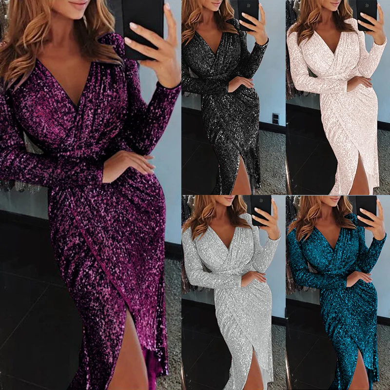 

Autumn 2019 Women Sexy Sequin Long Sleeve V-Neck Shiny Dress Fashion Irregular Split Solid Dress Female High Waist Splice Dress