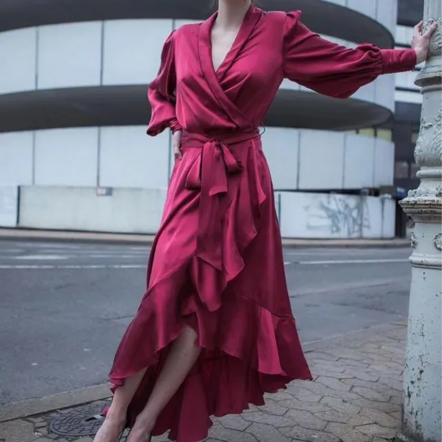 silk red long sleeve wrap dress|Dresses 