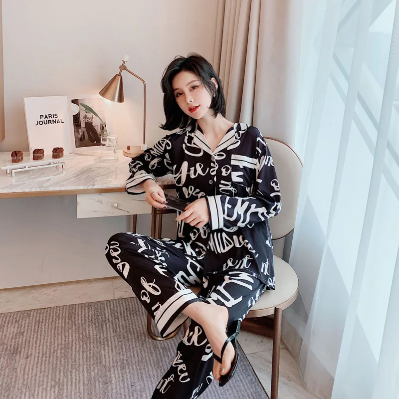 

Ice Silk Pajamas Women's Spring Autumn Thin Long-Sleeved Letter Sleep Tops Fashion Casual Home Suit Plus Size Satin Sleepwear
