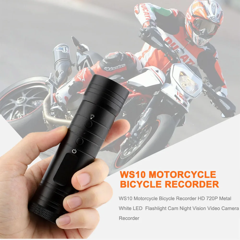 

WS10 Motorcycle Bicycle Recorder HD 720P Metal White LED Flashlight Cam Night Vision Video Camera Recorder Motorcycle Recorder