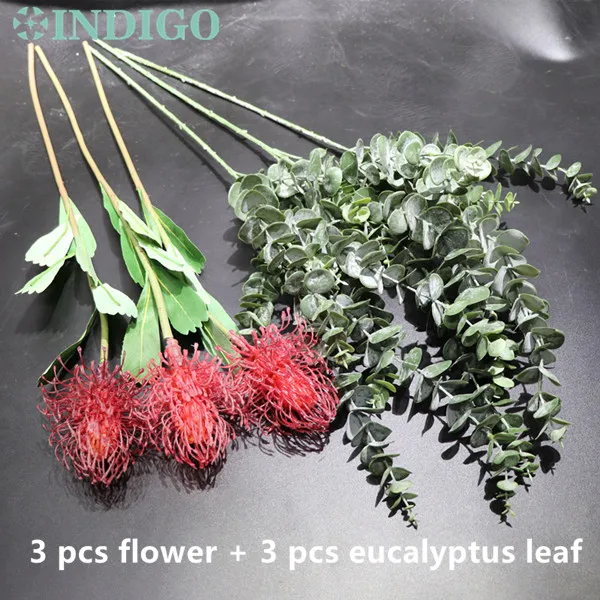 Индиго-красный Leucospermum Cordifolium(3 цветка+ 3 листа) лист эвкалипта Рождественский центральный цветок украшение - Цвет: same as photo