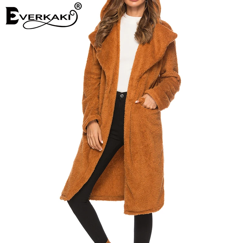 Everkaki/пальто в стиле бохо из искусственного меха, женские зимние толстые куртки с капюшоном, Длинные куртки с карманами, женские пальто, новинка