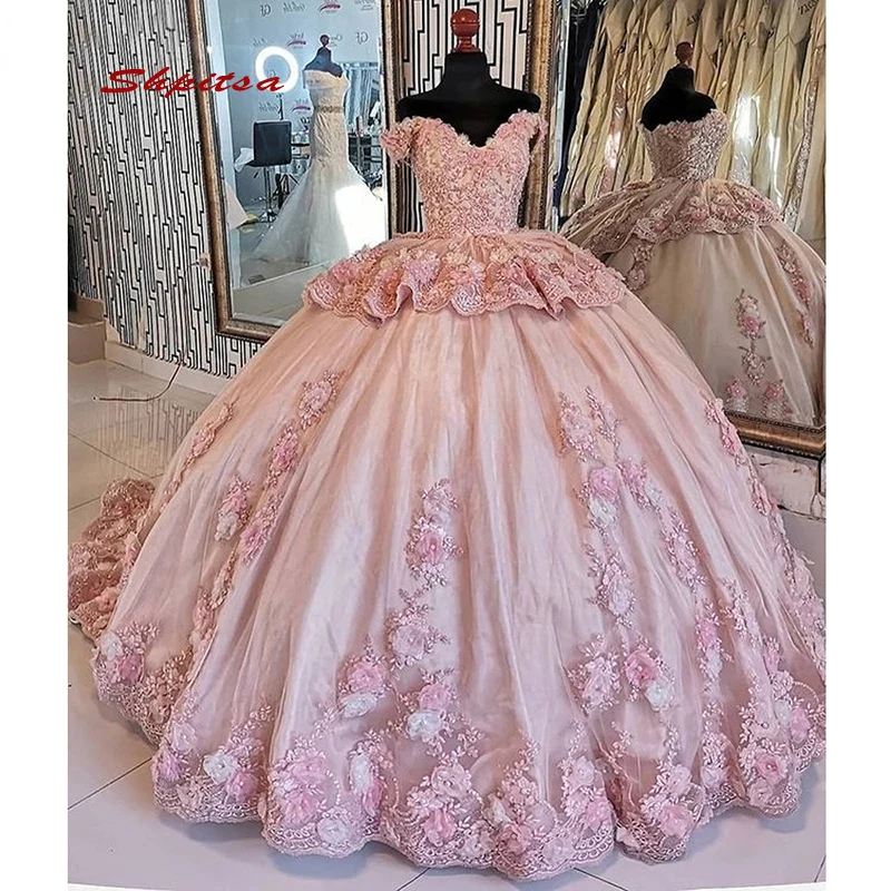 

Розовое Кружевное платье Quinceanera, женское бальное платье, маскарадное платье принцессы с бусинами и цветами, длинные милые платья для выпускного вечера 16 лет на 15 лет
