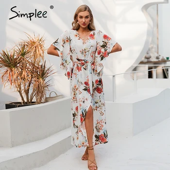 

Simplee Sexy v-neck floral print women long dress Elegant long sleeve asymmetrical sundress Summer holiday lady maxi dress 2020