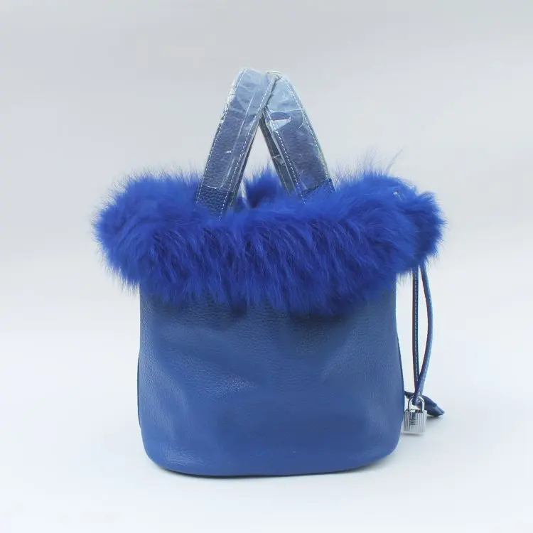 blue Blascher, дизайнерские сумки, известный бренд, женская сумка, мех лисы, натуральная кожа, женская сумка-мешок с замком, WB03 - Цвет: blue