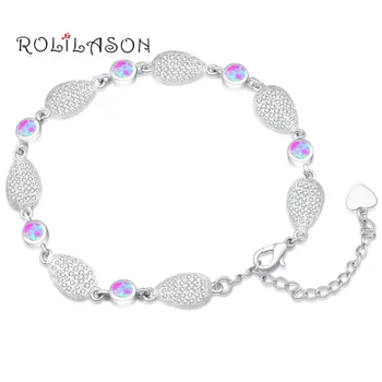 

ROLILASON pink creative fire opal 925 sterling silver printing charm bracelet fashion anniversary gift ladies exclusive OBs078