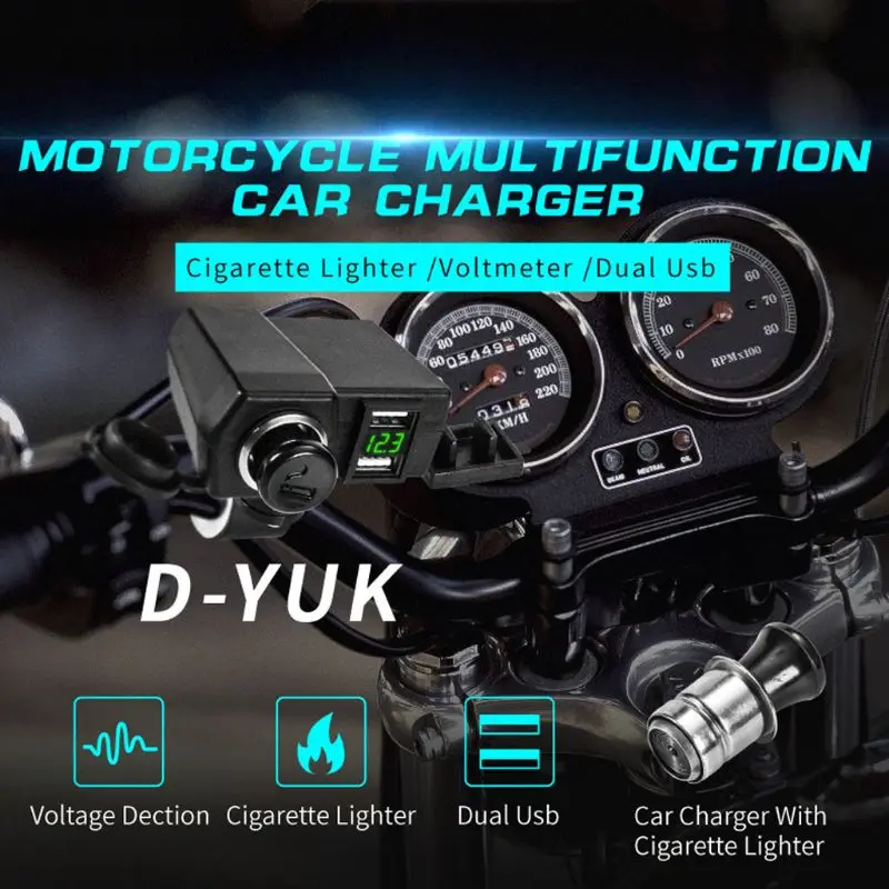 Прикуриватель для мотоциклов Руль Зеркало 5V 2.1A Dual USB Зарядное устройство вольтметр