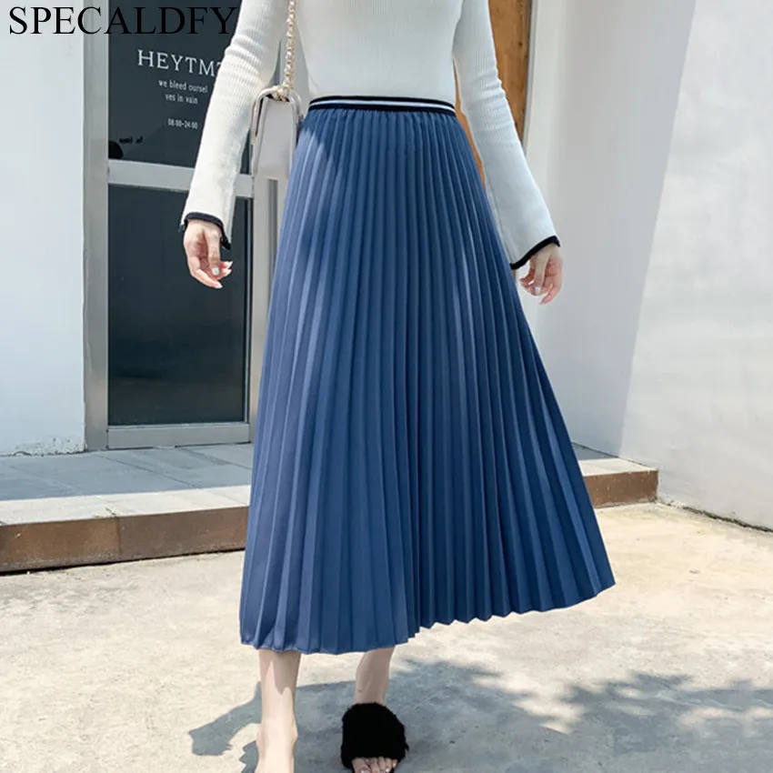 light blue Женская Весенняя длинная Плиссированная длинная юбка с высокой талией, однотонные макси юбки для женщин, Зимняя мода, повседневные длинные юбки для женщин, Jupe - Цвет: light blue