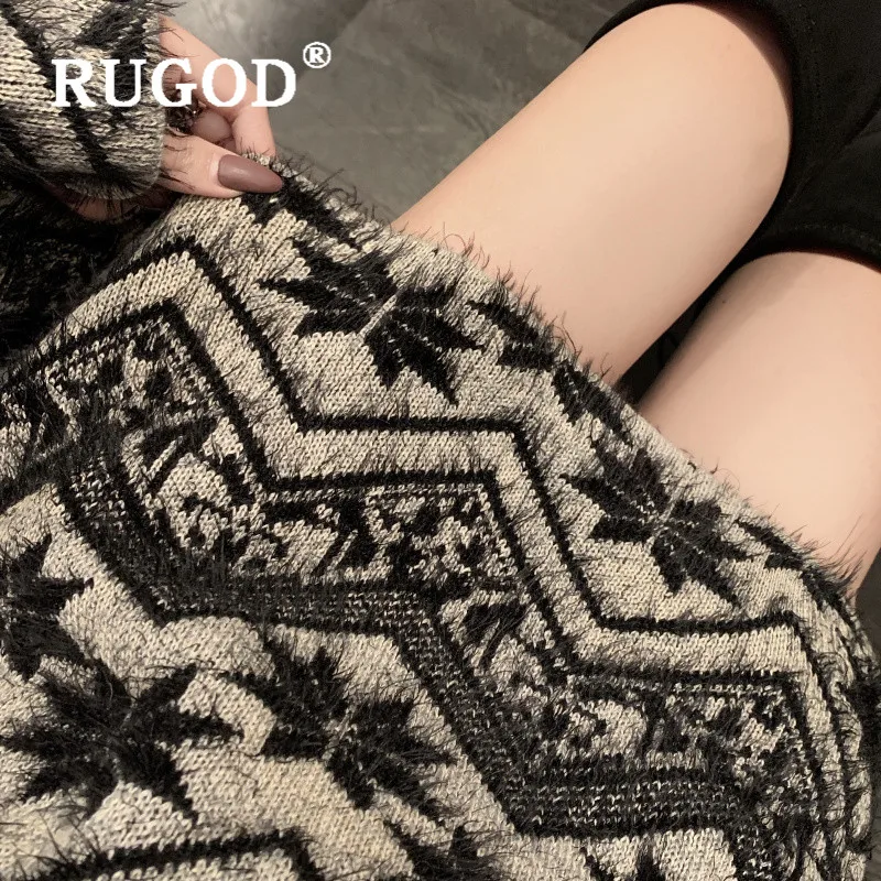 RUGOD модный жаккардовый переплетенный свитер с принтом для женщин на весну и зиму толстый длинный пуловер с воротником Свободный джемпер Pull femme