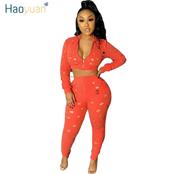 

HAOYUAN Sexy Hole Two Piece Set Tracksuit Women Rave Festival Summer Clothes Crop Top Pant Sweat Suit Club Outfits Matching Sets