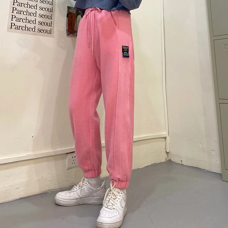 

Pure Color Elastic Waist Casual Pants For Women Daddy Pants Thickened Plus Velvet To Keep Warm Sports Pants Cotton Women'S