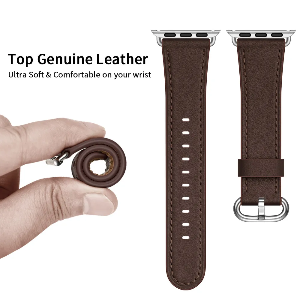Dark brown Ремешок для часов из натуральной кожи для Apple Watch 5, 4, ремешок, 40 мм, 44 мм, 38 мм, 42 мм, для женщин и мужчин, металлический ремешок с пряжкой, браслет для iwatch 1, 2, 3 - Цвет ремешка: Dark brown