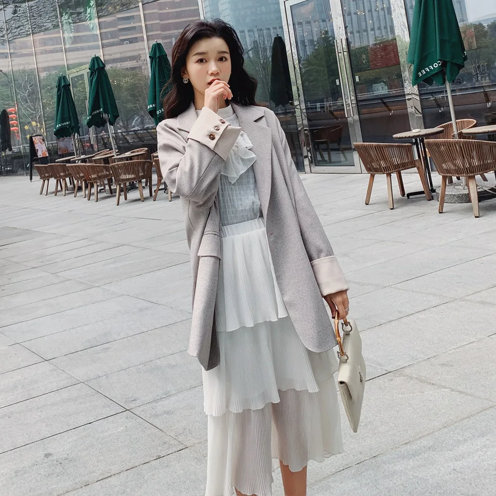 

Photo Shoot 2019 Autumn New Style Korean-style WOMEN'S Wear Retro Young-Style Joint Contrast Color Loose-Fit Large Lapel Suit Ja