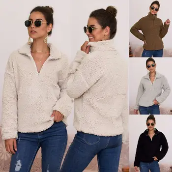 

Women Fluffy Solid High Lapel Collar Zippered Casual Hoodies Ladies Female Autumn Winter Warm Soft Pullover Tops Sweater