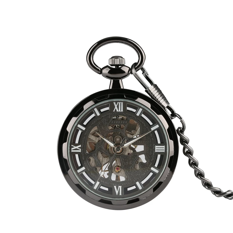 Механические карманные часы скелетоны простые черные наручные в стиле стимпанк