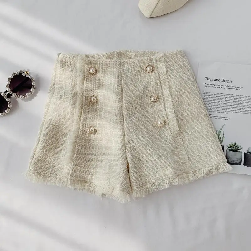 beige Женские шорты с двойной грудью однотонные свободные широкие офисные женские элегантные шорты трапециевидные шорты наивысшего качества - Цвет: beige