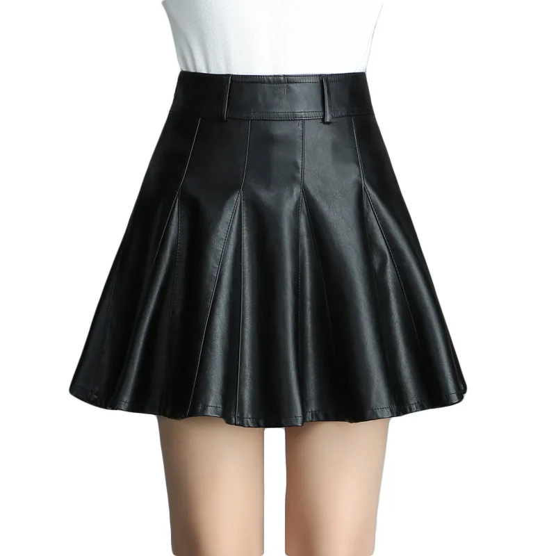 

PU Leather Women Pleated Skirts New Fashion Female Mini Skirt High Waist A-Line Lady Short Skirts Autumn Black Mini Pleat Skirt