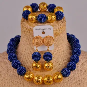

royal blue costume necklace african beads jewelry set simulated pearl nigerian wedding set bridal jewelry sets FZZ88