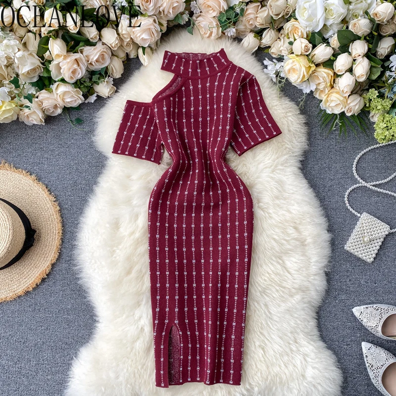 

OCEANLOVE Sexy Dress Women Knitting Print High Waist Hollow Out Vestidos Stretch 2020 Spring Summer Bodycon Dresses Korean 16084