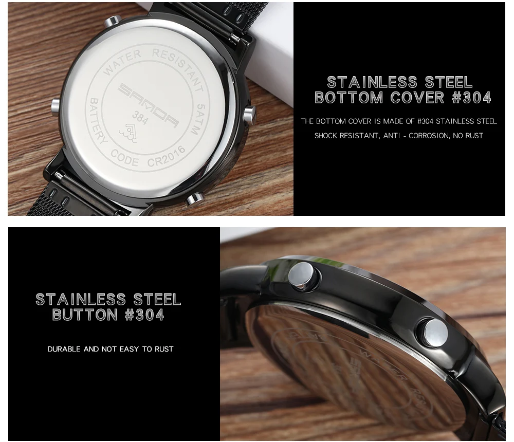 SANDA модные повседневные водонепроницаемые парные часы с черным циферблатом многофункциональные прочные цифровые часы для мужчин и женщин 383