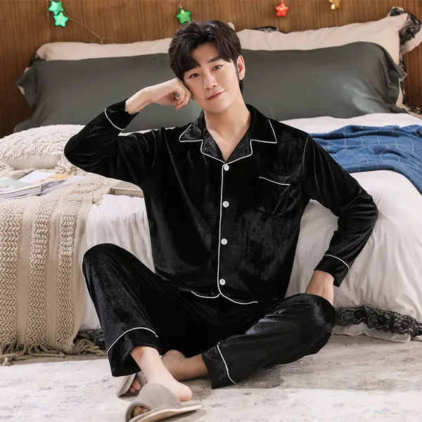 mens fleece pajama pants oversized 5XL Black Velvet Men Pyjamas Long Sleeve Home Suit Sleepwear Loungewear Casual 3xl Luxury for Men Adult Long Pajamas cheap pajama pants Men's Sleep & Lounge