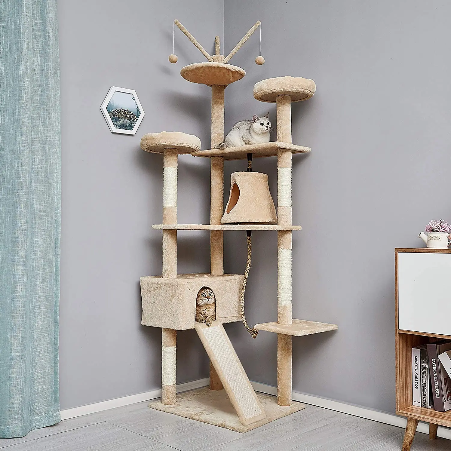 Cat Tree Cat‘s Climbing Frame Scratching Board Kitten Toy 6 Levels with Slide Crib Swing Sisal Height 210cm C03 | Дом и сад
