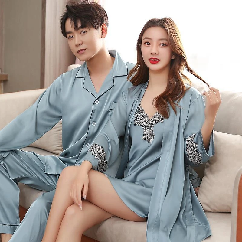 Men Stain Silk Pajama Set Men's Sleepwears Men Sexy Soft Homme Cozy Satin Nightgown Couples Lounge Pajama Nightwear Home Lovers best silk pajamas