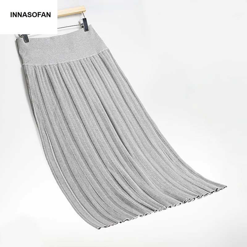 INNASOFAN, женская трикотажная юбка, Осень-зима, длинная Плиссированная юбка с высокой талией, модная, высокая, шикарная, элегантная, Однотонная юбка
