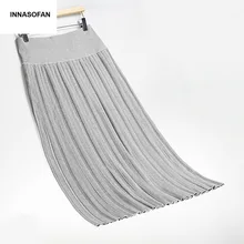 INNASOFAN, женская трикотажная юбка, Осень-зима, длинная Плиссированная юбка с высокой талией, модная, высокая, шикарная, элегантная, Однотонная юбка