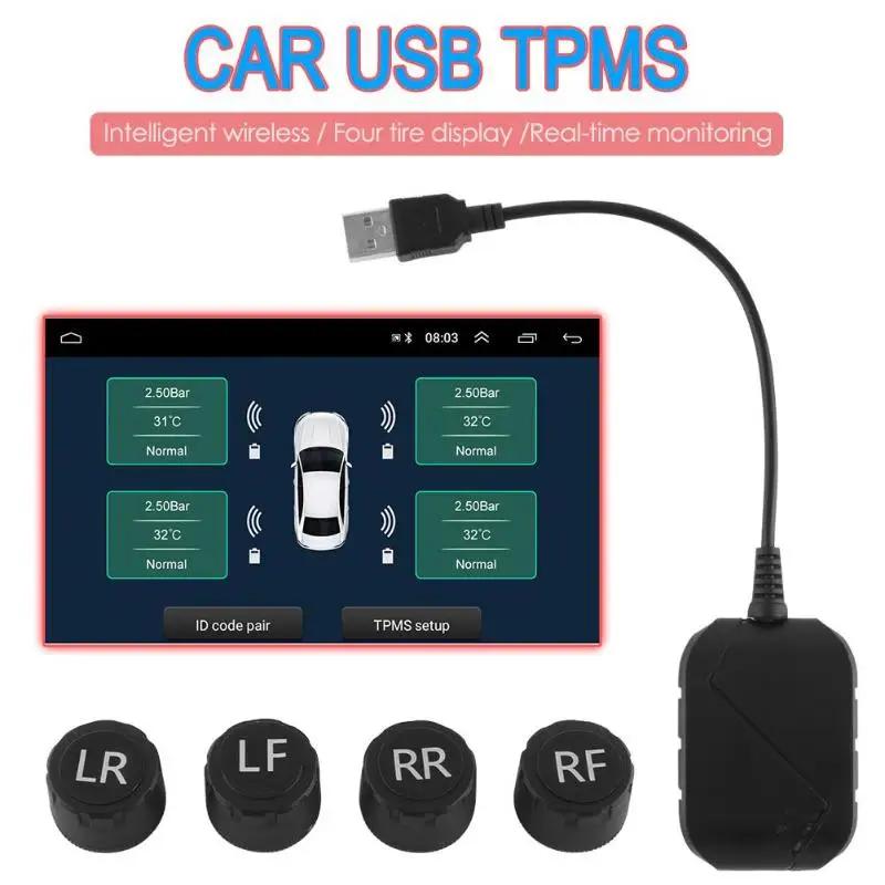 

USB Car TPMS Tire Pressure Monitor System for Android Navigation with 4 Sensors Android Controlled Large Screen Display